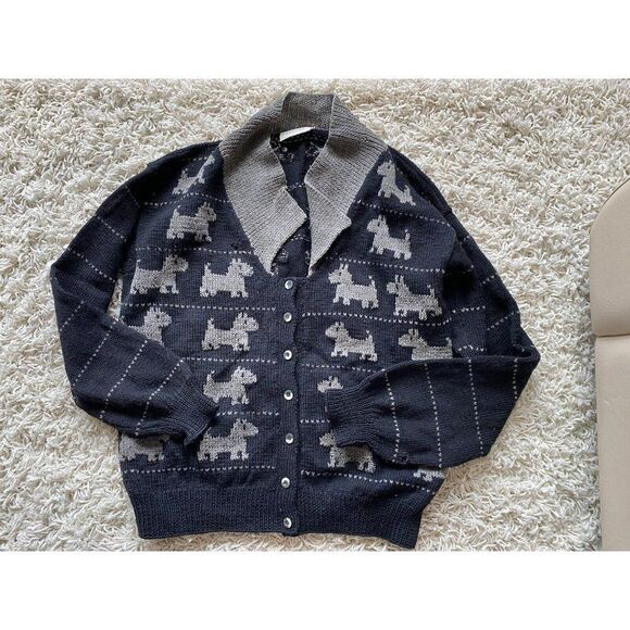 Vintage Stewart Ross Sweater Cardigan Wool Dog Dogs Black Grey Novelty Large - Picture 1 of 9
